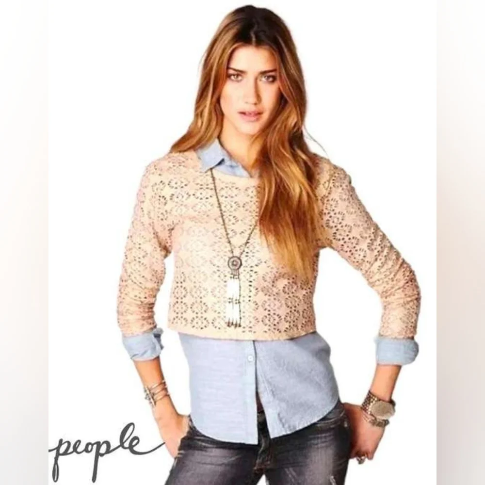 FREE PEOPLE BEACH Cream Lurex Crochet Long Sleeve Boho Top Blouse Sz Small